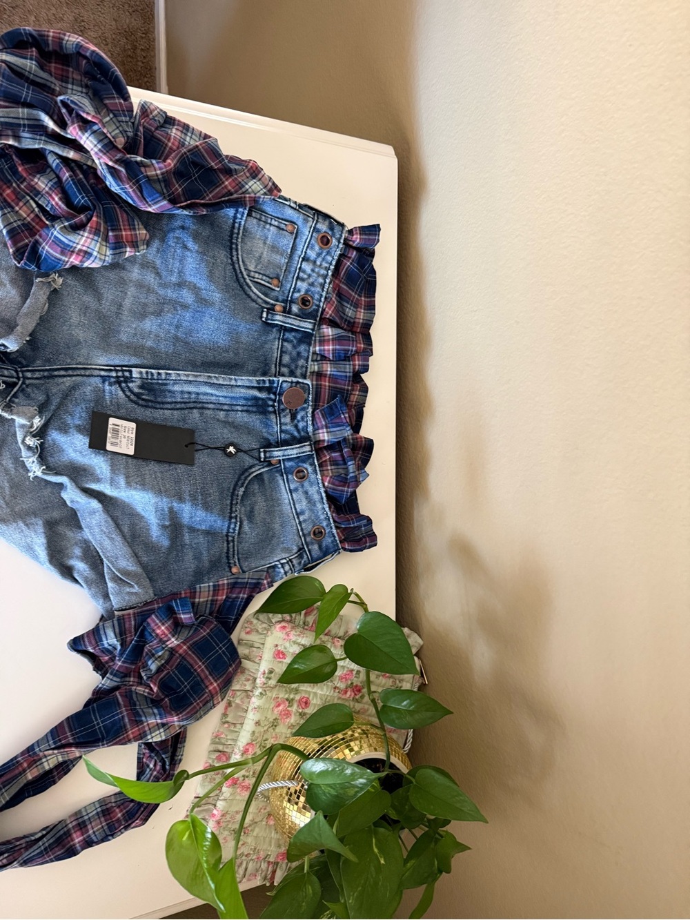 New Cult MW Bandit Plaid Trim High-Waist Denim Shorts - Blue - Picture 4 of 6